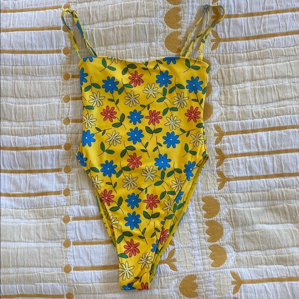 New Yellow Floral One-Piece Swimsuit with Slim Straps